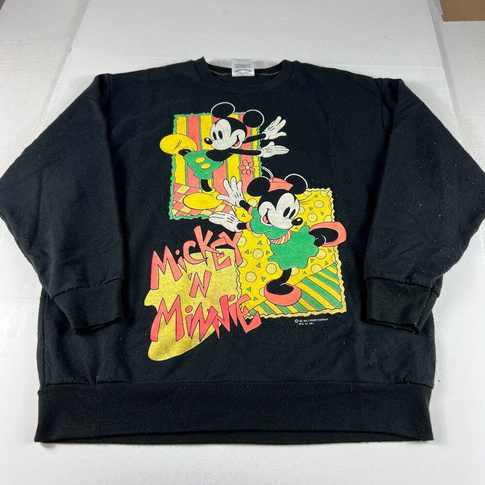 VTG Disney Mickey Minnie Sweatshirt Medium Black Colorful Double Sided Crewneck